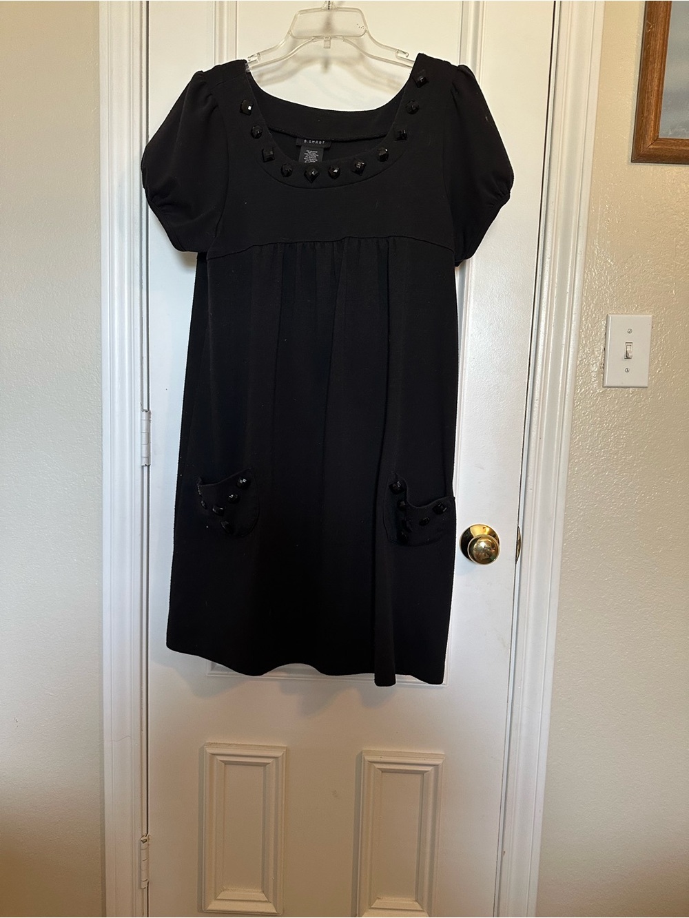 B. Smart Black Short Sleeve Mini Dress with Bead Trim